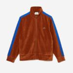 Men Lacoste V0ZN1117 Brown 3PB Regular Fit Velvet Zip Sweatshirt - Image 4