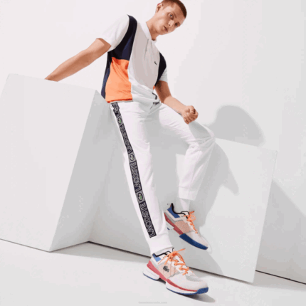 Men Lacoste V0ZN1120 White Orange Navy Blue ASR SPORT Branded Bands Tracksuit Pants