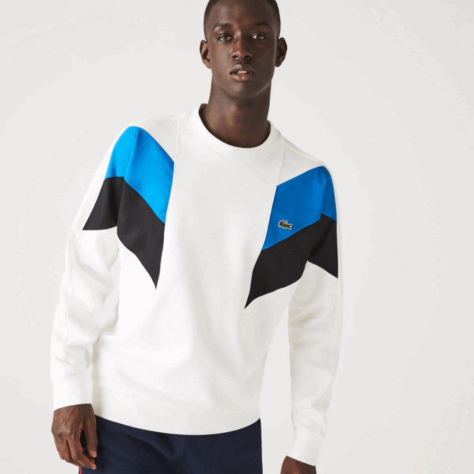 Men Lacoste V0ZN1127 White Blue Black WZA Crew Neck Colorblock Design Cotton Fleece Sweatshirt - Image 2