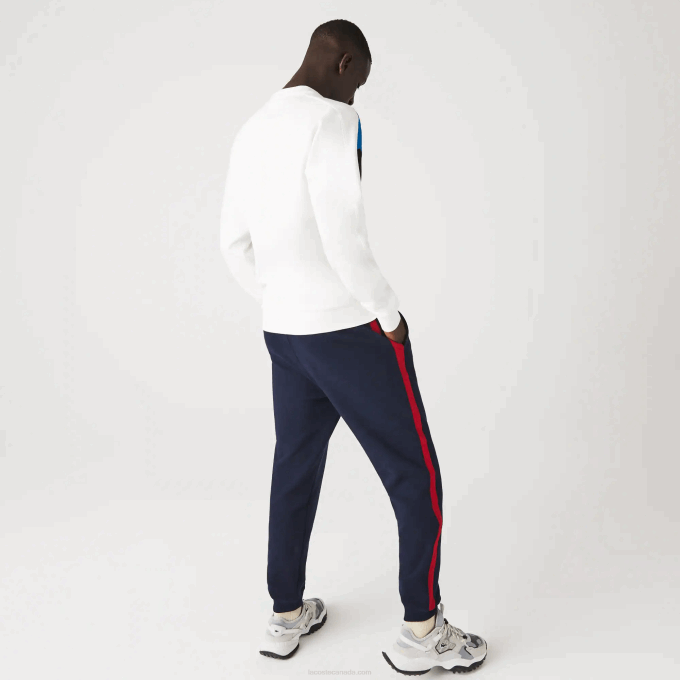 Men Lacoste V0ZN1127 White Blue Black WZA Crew Neck Colorblock Design Cotton Fleece Sweatshirt - Image 3
