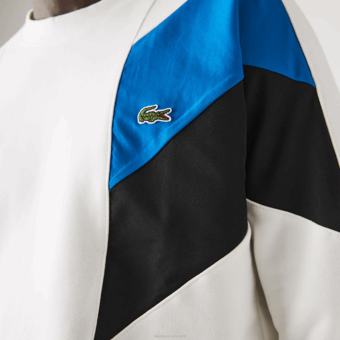 Men Lacoste V0ZN1127 White Blue Black WZA Crew Neck Colorblock Design Cotton Fleece Sweatshirt - Image 4