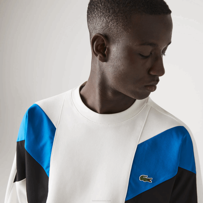 Men Lacoste V0ZN1127 White Blue Black WZA Crew Neck Colorblock Design Cotton Fleece Sweatshirt - Image 6