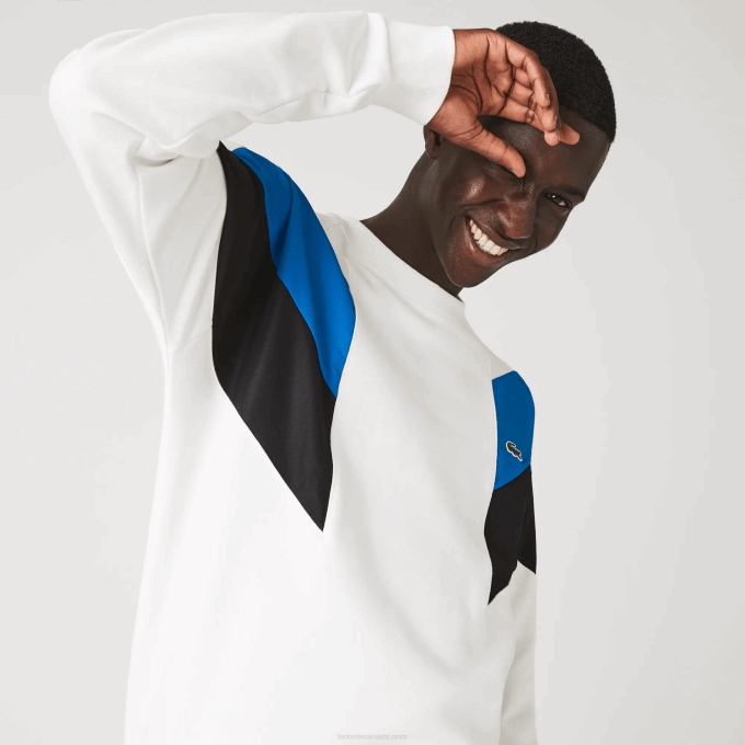 Men Lacoste V0ZN1127 White Blue Black WZA Crew Neck Colorblock Design Cotton Fleece Sweatshirt - Image 7