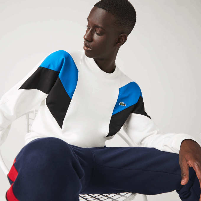 Men Lacoste V0ZN1127 White Blue Black WZA Crew Neck Colorblock Design Cotton Fleece Sweatshirt - Image 1