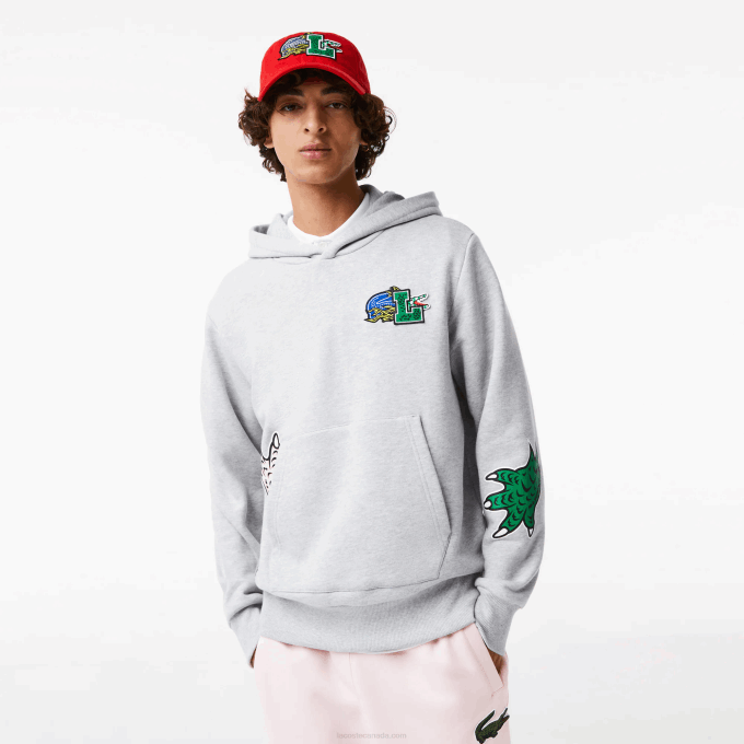Men Lacoste V0ZN1133 Grey Chine CCA Comic Effect Print Hooded Sweatshirt - Image 1