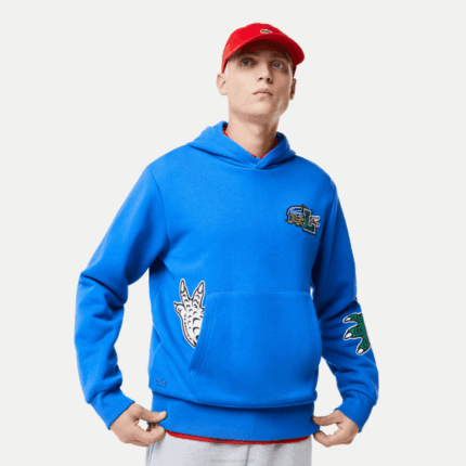 Men Lacoste V0ZN1134 Blue K1Q Comic Effect Print Hooded Sweatshirt