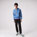 Men Lacoste V0ZN1143 Blue White BX9 LIVE Loose Fit Print Cotton Hoodie