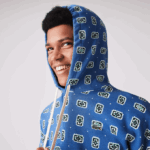 Men Lacoste V0ZN1143 Blue White BX9 LIVE Loose Fit Print Cotton Hoodie - Image 6