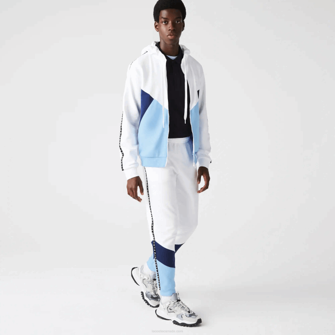 Men Lacoste V0ZN1146 White Blue VHE Signature Striped Colorblock Fleece Jogging Pants - Image 4