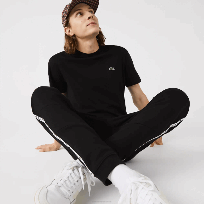 Men Lacoste V0ZN1147 Black 8VM Signature Striped Colorblock Fleece Jogging Pants - Image 2
