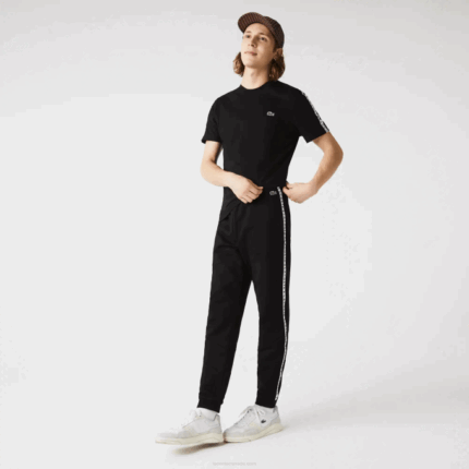 Men Lacoste V0ZN1147 Black 8VM Signature Striped Colorblock Fleece Jogging Pants