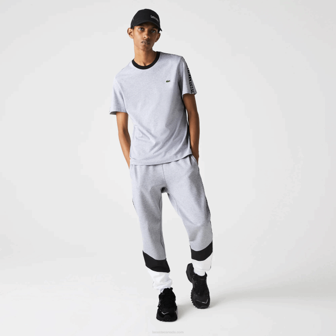 Men Lacoste V0ZN1148 Grey Chine Black White SJ1 Signature Striped Colorblock Fleece Jogging Pants - Image 2