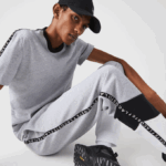 Men Lacoste V0ZN1148 Grey Chine Black White SJ1 Signature Striped Colorblock Fleece Jogging Pants