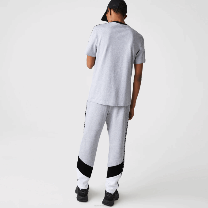 Men Lacoste V0ZN1148 Grey Chine Black White SJ1 Signature Striped Colorblock Fleece Jogging Pants - Image 3
