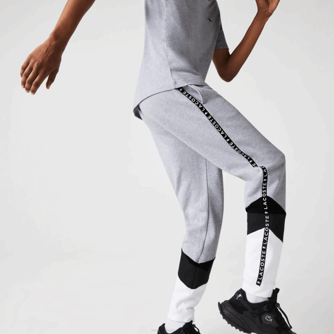 Men Lacoste V0ZN1148 Grey Chine Black White SJ1 Signature Striped Colorblock Fleece Jogging Pants - Image 4