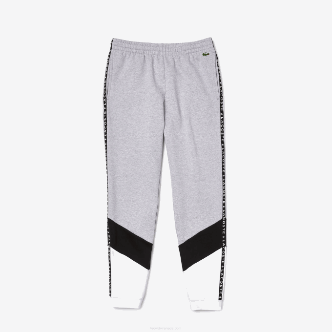 Men Lacoste V0ZN1148 Grey Chine Black White SJ1 Signature Striped Colorblock Fleece Jogging Pants - Image 5