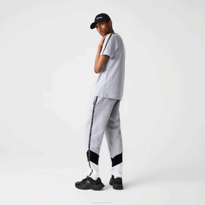 Men Lacoste V0ZN1148 Grey Chine Black White SJ1 Signature Striped Colorblock Fleece Jogging Pants - Image 6