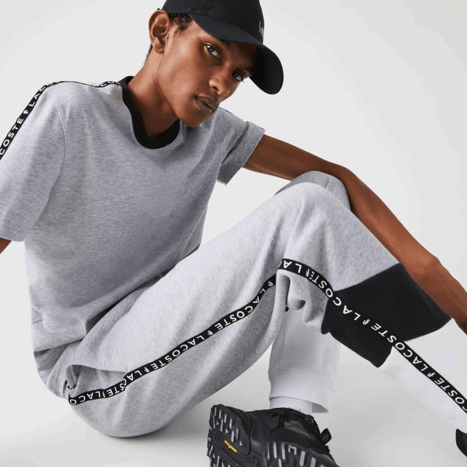 Men Lacoste V0ZN1148 Grey Chine Black White SJ1 Signature Striped Colorblock Fleece Jogging Pants - Image 1