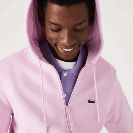 Men Lacoste V0ZN1149 Pink Z4H Kangaroo Pocket Fleece Zipped Sweatshirt