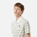 Men Lacoste V0ZN114 White Beige Navy Blue Green XIQ Golf Recycled Polyester Stripe Polo - Image 2
