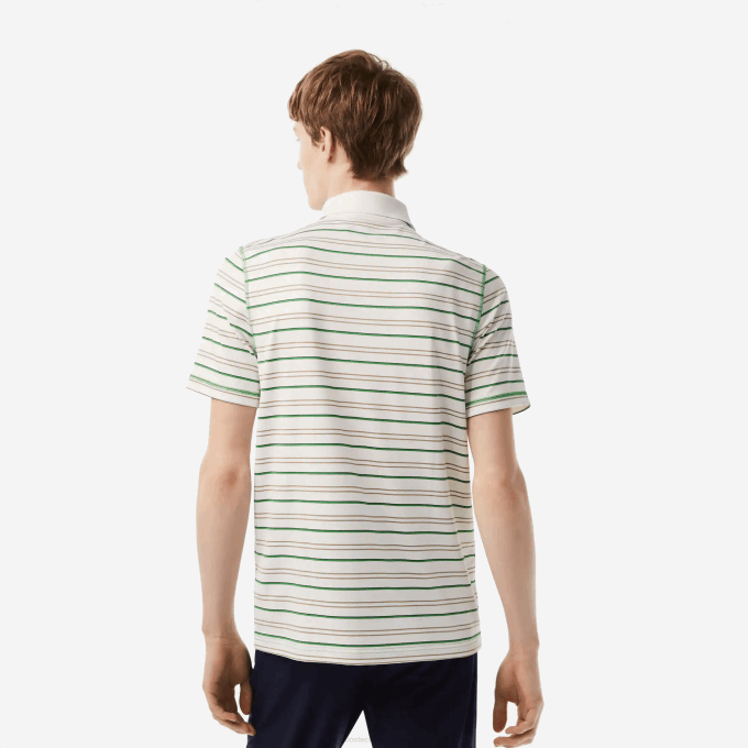 Men Lacoste V0ZN114 White Beige Navy Blue Green XIQ Golf Recycled Polyester Stripe Polo - Image 3