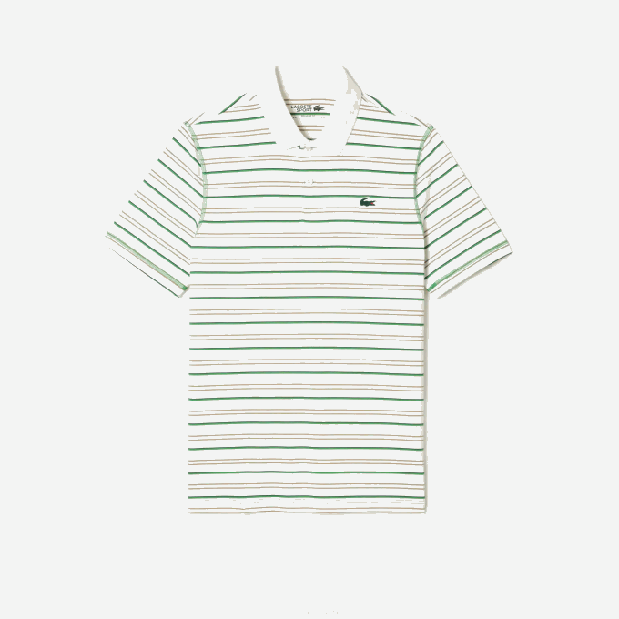 Men Lacoste V0ZN114 White Beige Navy Blue Green XIQ Golf Recycled Polyester Stripe Polo - Image 4