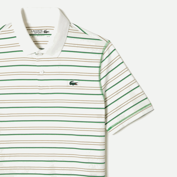 Men Lacoste V0ZN114 White Beige Navy Blue Green XIQ Golf Recycled Polyester Stripe Polo - Image 5
