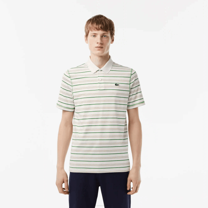 Men Lacoste V0ZN114 White Beige Navy Blue Green XIQ Golf Recycled Polyester Stripe Polo - Image 1