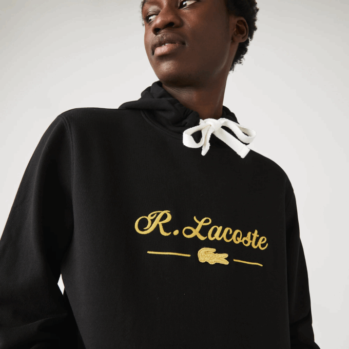 Men Lacoste V0ZN1154 Black 031 Embroidered Lettering Hooded Cotton Fleece Sweatshirt - Image 2