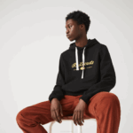 Men Lacoste V0ZN1154 Black 031 Embroidered Lettering Hooded Cotton Fleece Sweatshirt