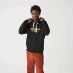 Men Lacoste V0ZN1154 Black 031 Embroidered Lettering Hooded Cotton Fleece Sweatshirt - Image 4
