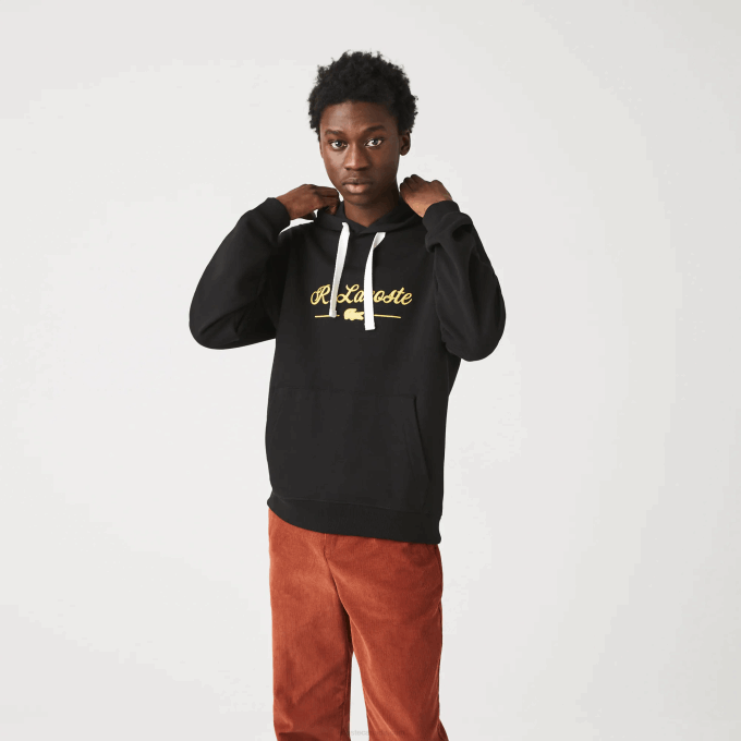 Men Lacoste V0ZN1154 Black 031 Embroidered Lettering Hooded Cotton Fleece Sweatshirt - Image 4