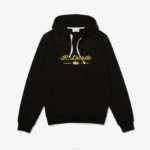 Men Lacoste V0ZN1154 Black 031 Embroidered Lettering Hooded Cotton Fleece Sweatshirt - Image 5