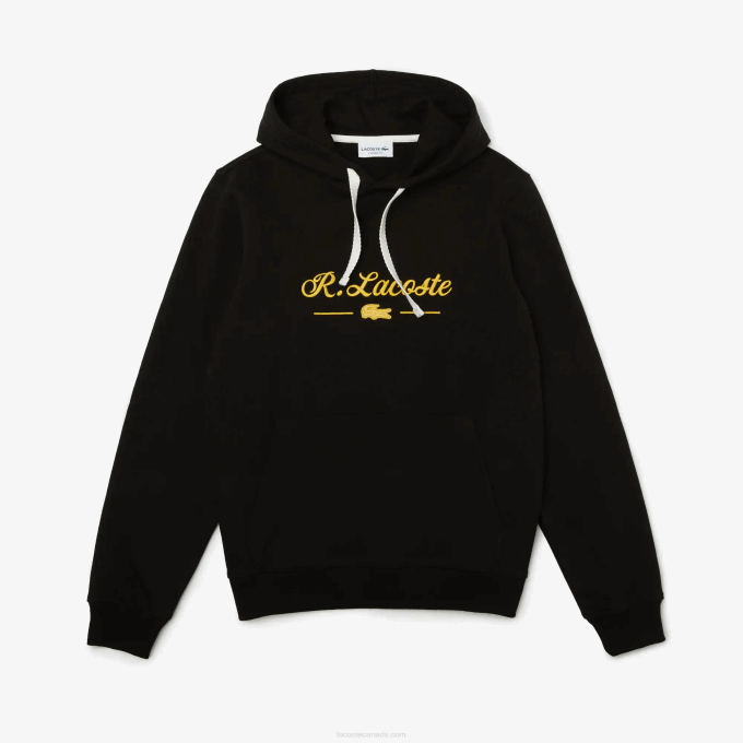 Men Lacoste V0ZN1154 Black 031 Embroidered Lettering Hooded Cotton Fleece Sweatshirt - Image 5
