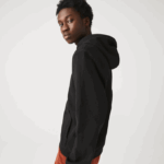 Men Lacoste V0ZN1154 Black 031 Embroidered Lettering Hooded Cotton Fleece Sweatshirt - Image 6
