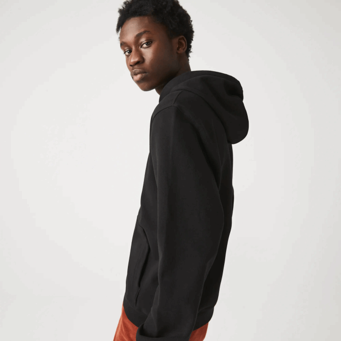 Men Lacoste V0ZN1154 Black 031 Embroidered Lettering Hooded Cotton Fleece Sweatshirt - Image 6