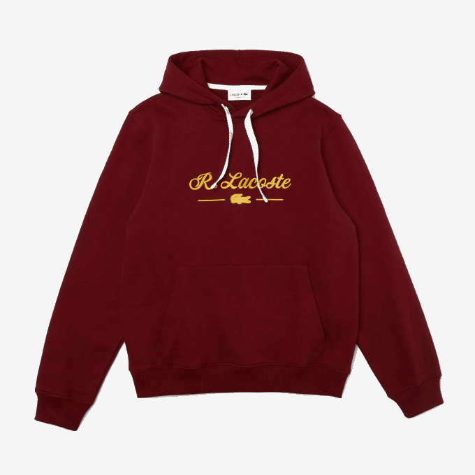 Men Lacoste V0ZN1155 Bordeaux Z7F Embroidered Lettering Hooded Cotton Fleece Sweatshirt - Image 4