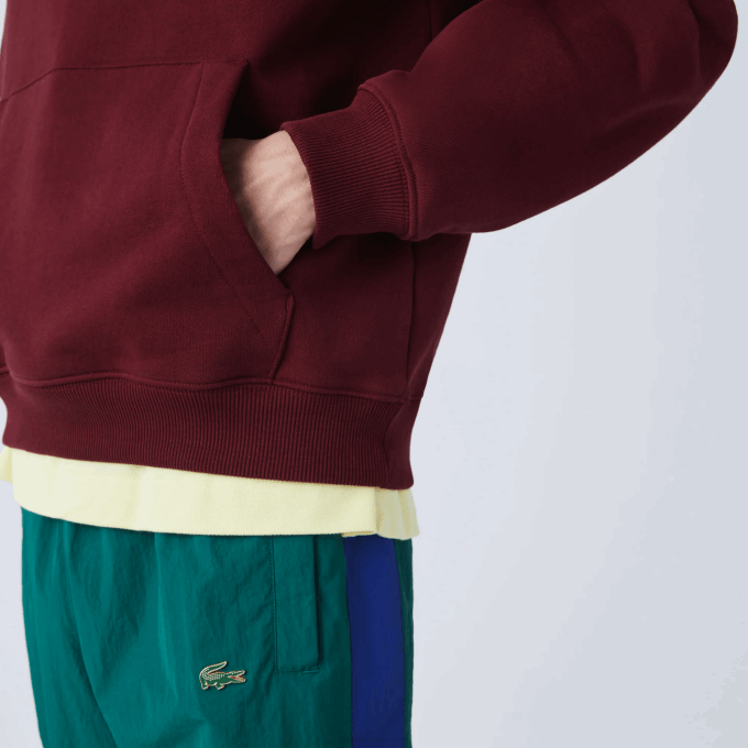 Men Lacoste V0ZN1155 Bordeaux Z7F Embroidered Lettering Hooded Cotton Fleece Sweatshirt - Image 5
