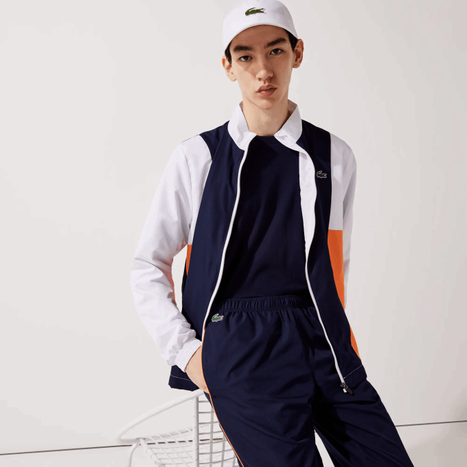 Men Lacoste V0ZN1156 White Orange Navy Blue 8TY SPORT Branded Colorblock Tracksuit - Image 3
