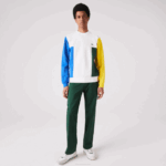 Men Lacoste V0ZN1159 White Blue Yellow Green 8NR Crew Neck Colorblock Cotton Fleece Sweatshirt - Image 2