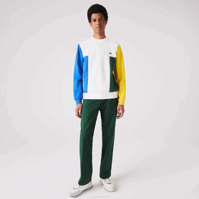 Men Lacoste V0ZN1159 White Blue Yellow Green 8NR Crew Neck Colorblock Cotton Fleece Sweatshirt - Image 2