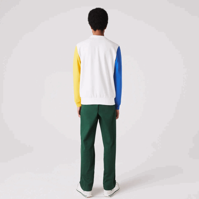 Men Lacoste V0ZN1159 White Blue Yellow Green 8NR Crew Neck Colorblock Cotton Fleece Sweatshirt - Image 3