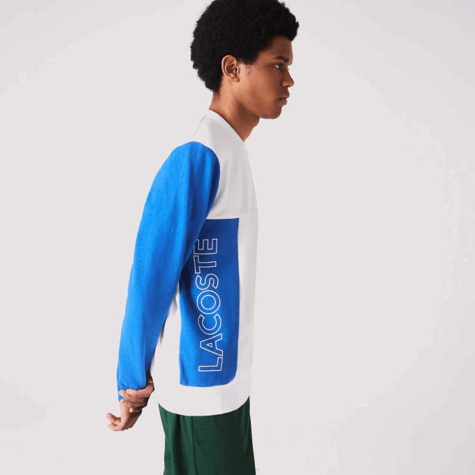 Men Lacoste V0ZN1159 White Blue Yellow Green 8NR Crew Neck Colorblock Cotton Fleece Sweatshirt - Image 4