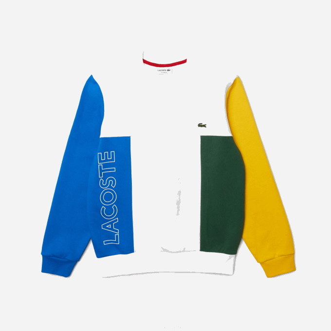 Men Lacoste V0ZN1159 White Blue Yellow Green 8NR Crew Neck Colorblock Cotton Fleece Sweatshirt - Image 5