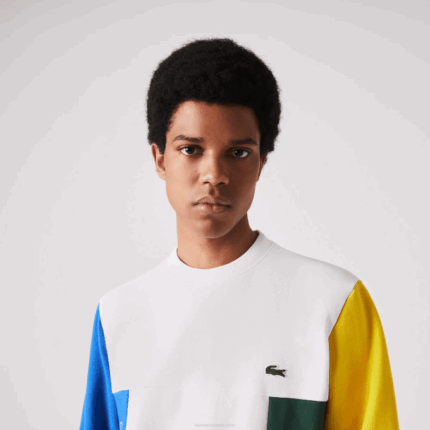 Men Lacoste V0ZN1159 White Blue Yellow Green 8NR Crew Neck Colorblock Cotton Fleece Sweatshirt