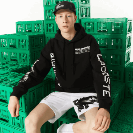 Men Lacoste V0ZN1166 Black 031 LIVE x Minecraft Loose Fit Fleece Hoodie