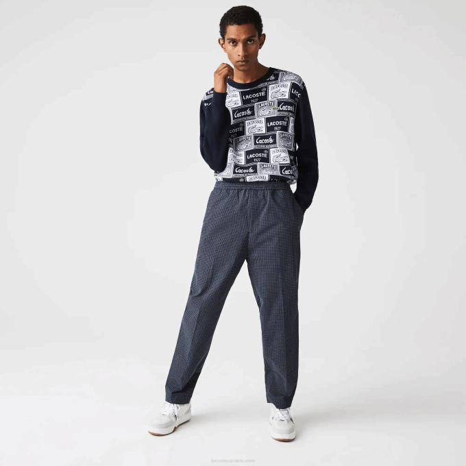 Men Lacoste V0ZN1167 Navy Blue White QRN Heritage Checkered Stretch Cotton Jogging Pants - Image 2