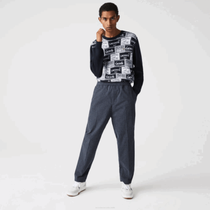 Men Lacoste V0ZN1167 Navy Blue White QRN Heritage Checkered Stretch Cotton Jogging Pants