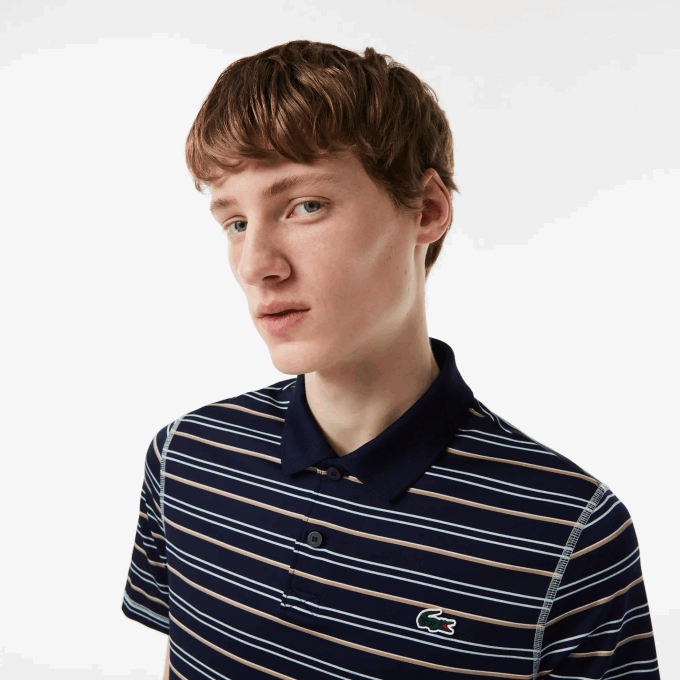 Men Lacoste V0ZN116 Navy Blue Green White Beige YIE Golf Recycled Polyester Stripe Polo - Image 2
