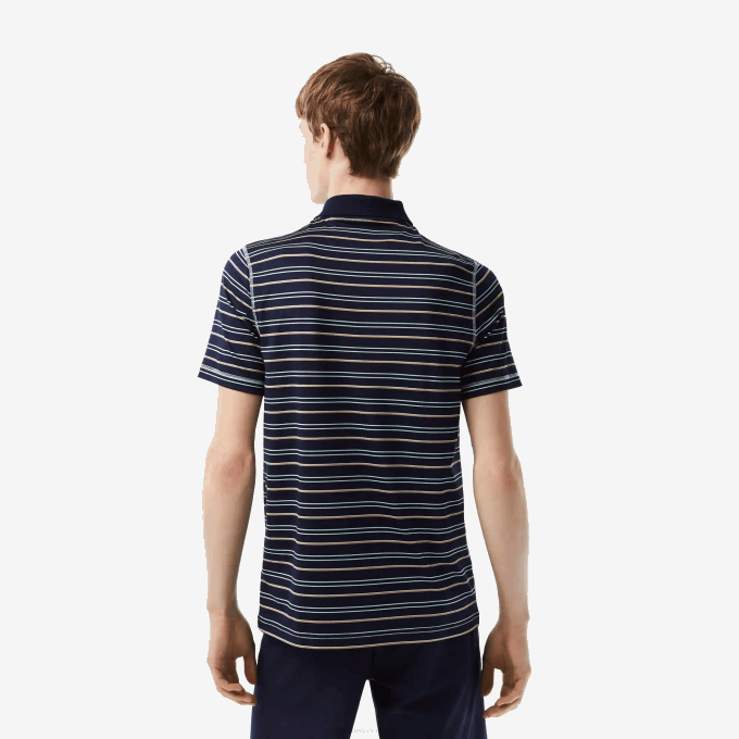 Men Lacoste V0ZN116 Navy Blue Green White Beige YIE Golf Recycled Polyester Stripe Polo - Image 3